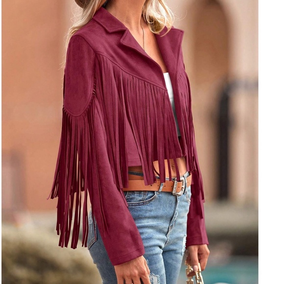 Western Vegan Suede Open Front Fringe Moto Biker Jacket - Picture 8 of 11